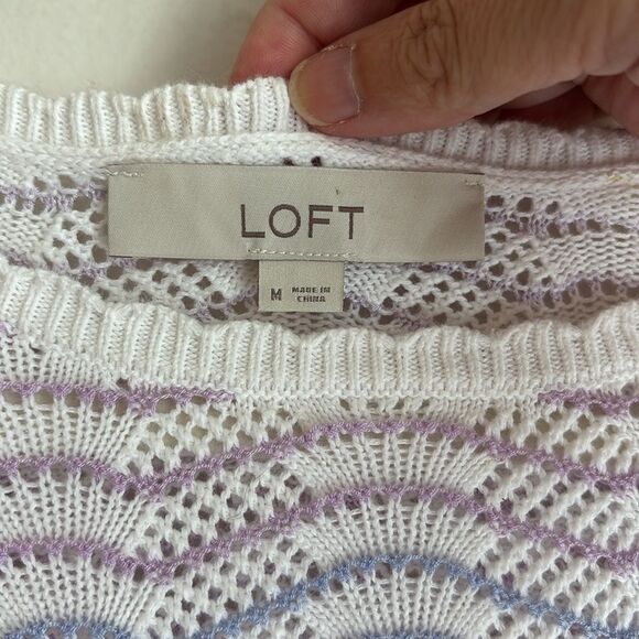 LOFT Striped Pointelle Puff Sleeve Sweater Tee knit Women Pastel Wave Sweater M - Picture 5 of 8